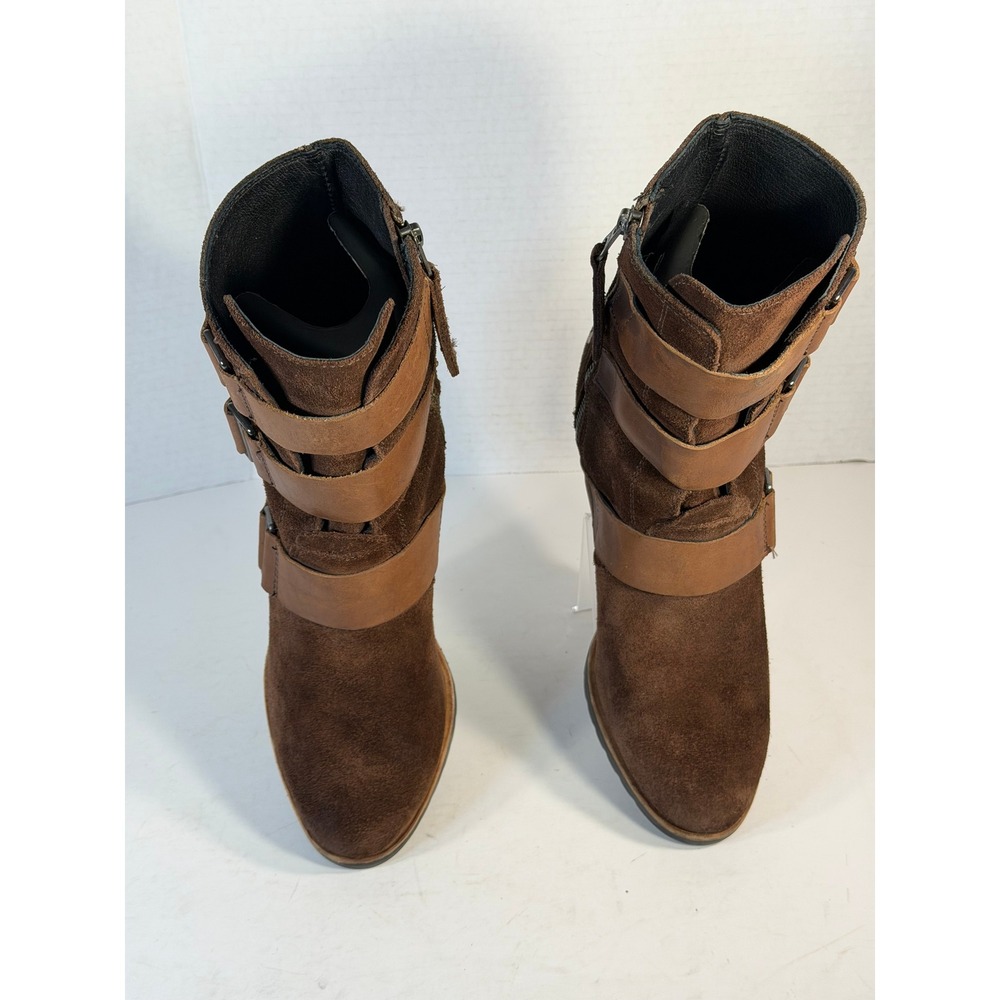 Sorel Medina III Dark Brown Suede Triple Buckle Wedge Ankle Boots Womens 8.5